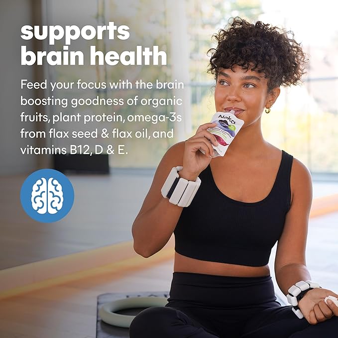 Noka Superfood Fruit Smoothie Pouches Ready to Drink with Brain Support, Healthy Snacks w/ 850mg Omega-3 Flax Seed Plant Protein Vegan Gluten Free Organic Fruit Squeeze Pouch Blueberry Acai 4.22 oz 12 Count