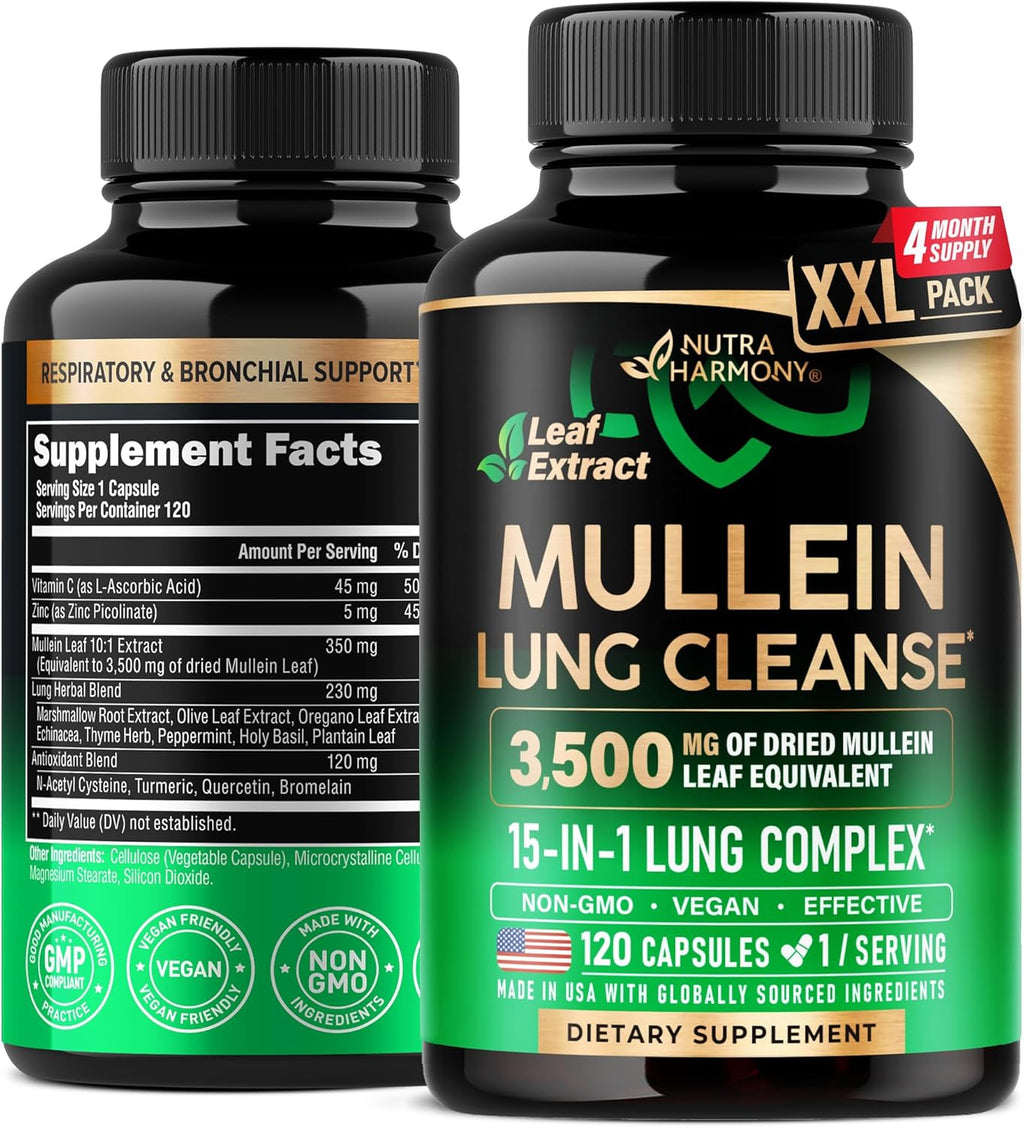 Mullein Leaf Extract for Lung Detox - Marshmallow Root | Echinacea | Oregano | Quercetin | NAC - 15-in-1 Lung Support & Cleanse for Smokers Supplement - Made in USA - As Drops, Tincture - 120 Capsules
