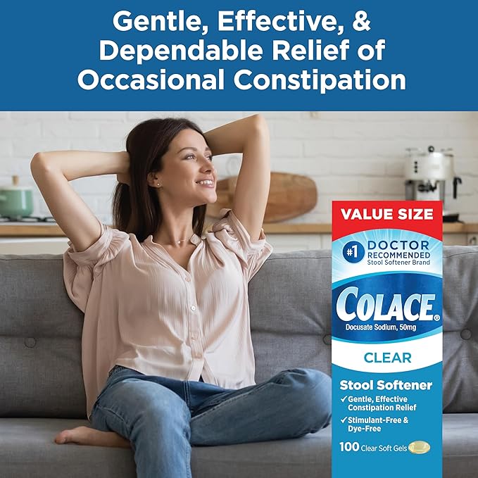 Colace Clear Stool Softener for Gentle Effective Constipation Relief, #1 Doctor Recommended Stool Softener Brand, Dye Free, 50 mg Docusate Capsules, 100 Count