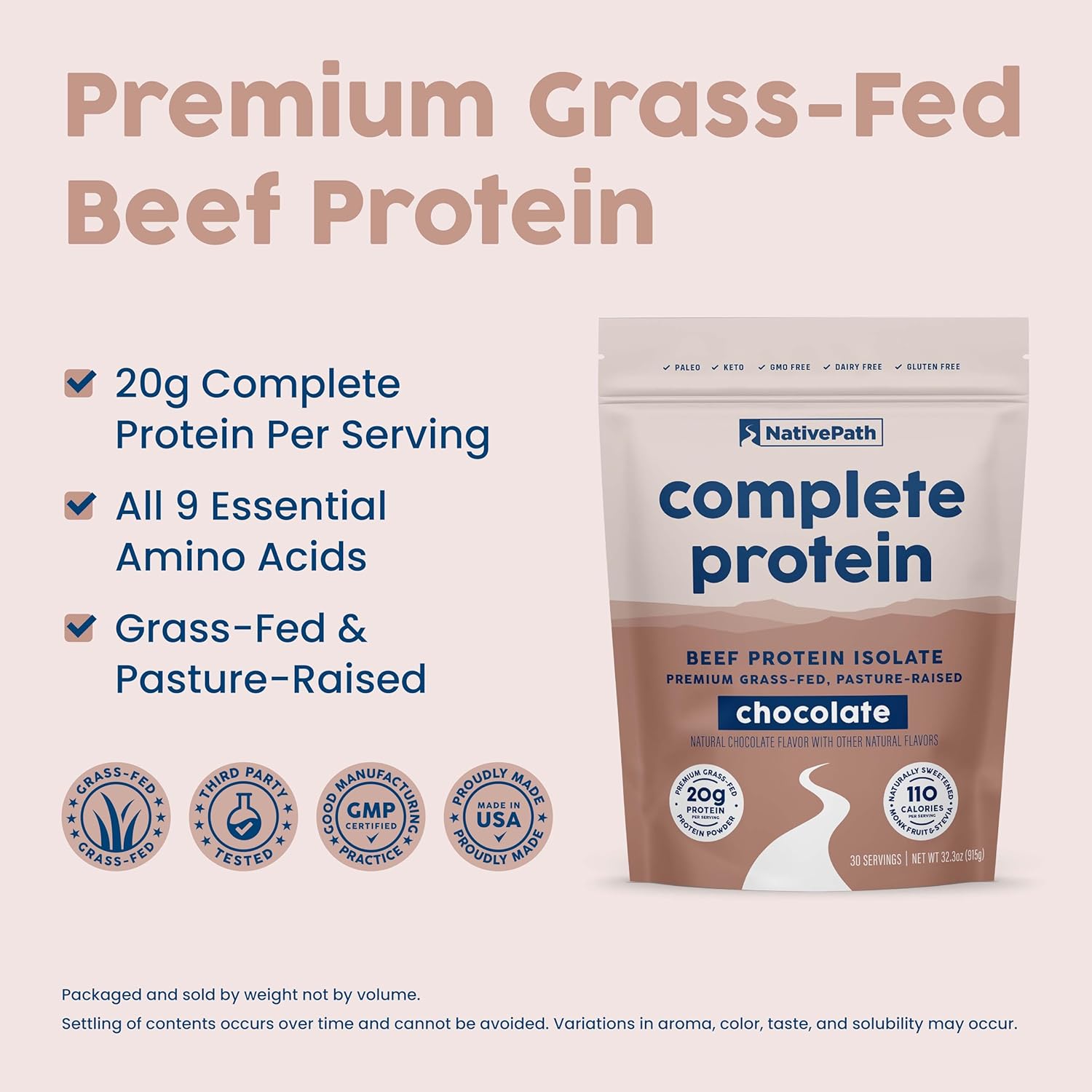 NativePath Complete Beef Protein Powder Isolate – Grass-Fed, Pasture-Raised, Dairy & Lactose Free, Gluten Free, Zero Sugar, MCTs & Amino Acids – 20g Protein, Chocolate Flavor, 30 Servings