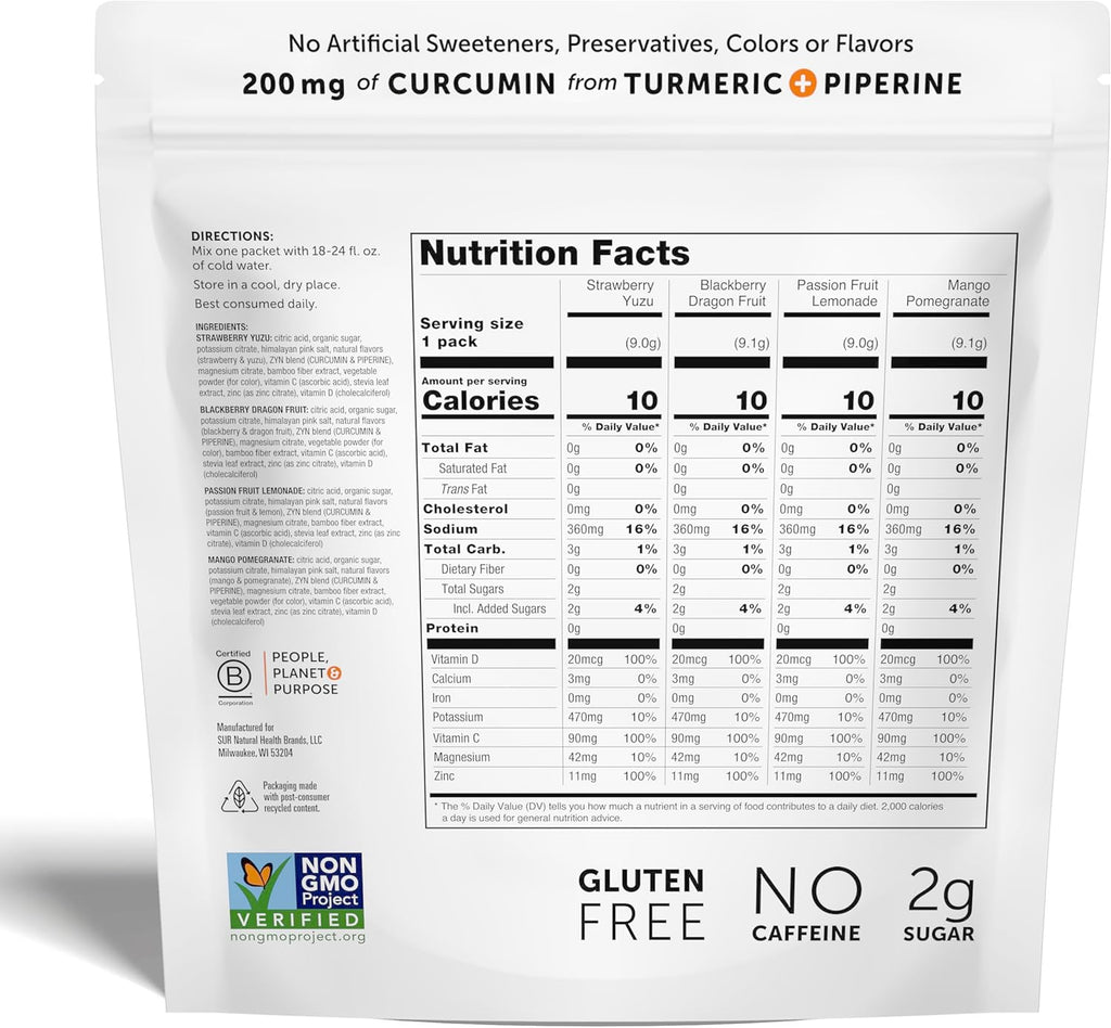 ZYN Electrolyte Drink Mix Hydration Packets, Electrolytes Powder, Hydration Packets w/Turmeric Curcumin, Vitamin C and D, Zinc, Hydrate Electrolyte Powder Packets for Wellness, Variety Pack of 16