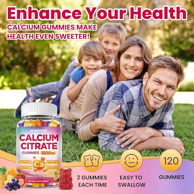 Calcium Citrate Gummies - 1200mg Calcium Gummies Supplements for Women & Men with Vitamin D3, K2, Magnesium, Zinc High Absorption for Bone, Muscle & Immune Support, Fruit Flavor, 120 Count
