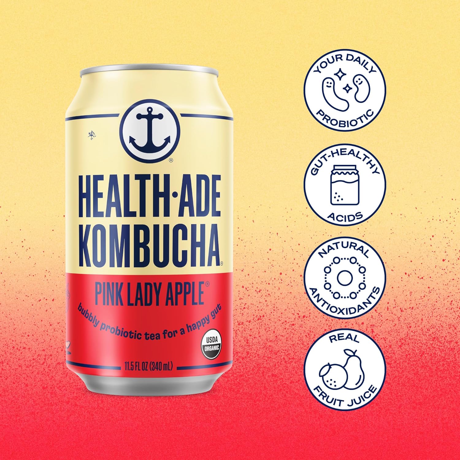 Health-Ade Pink Lady Apple® Kombucha, Organic Drink, 12-Pack (11.5 Fl Oz Cans) - Fermented Tea with Probiotics, Non-GMO, Vegan, Gluten-Free