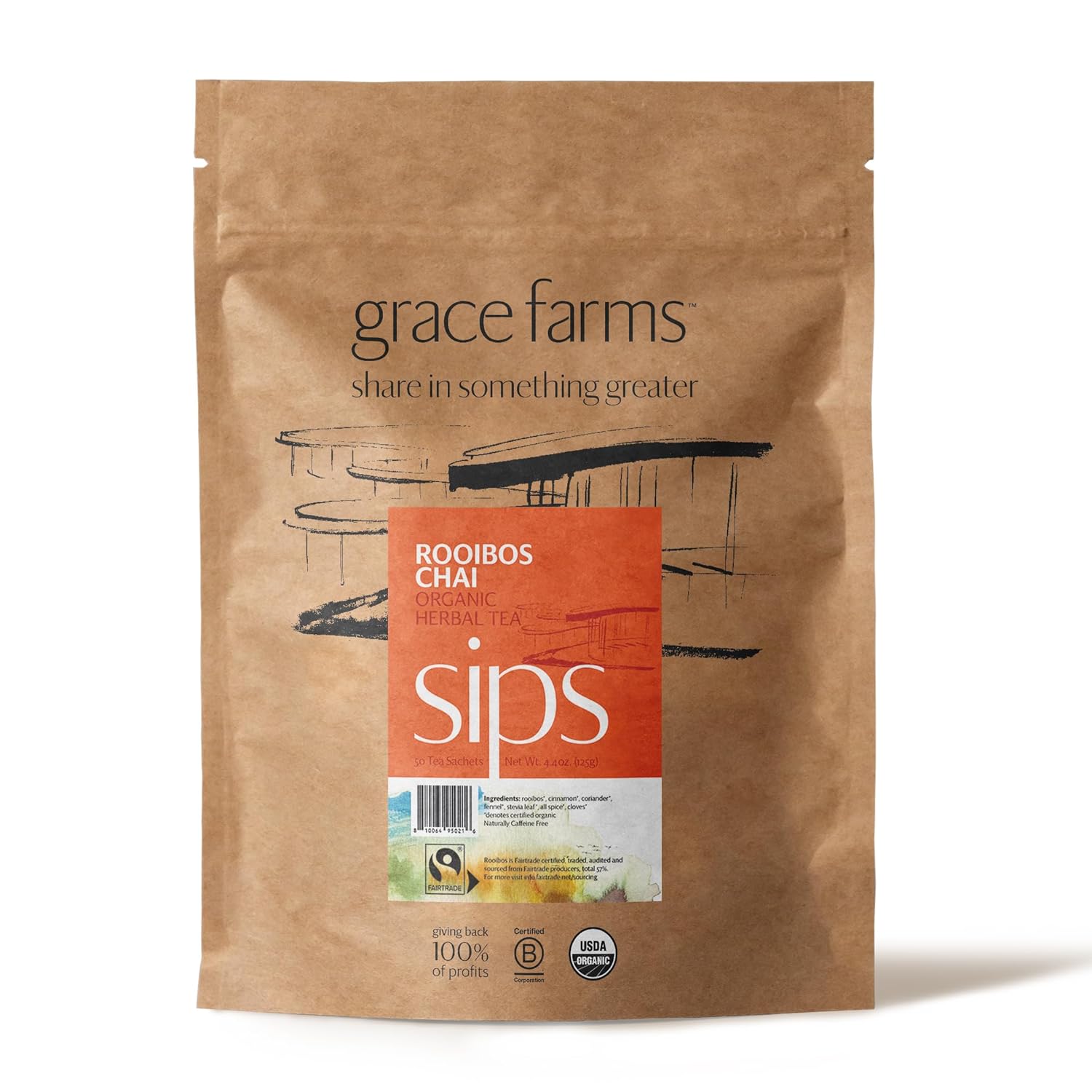 Grace Farms ROOIBOS CHAI Herbal Teas (50 count) | Naturally Sweet, Healthy and Caffeine Free | Organic, Fair Trade and Kosher Certified | Gives Back 100% of Profits