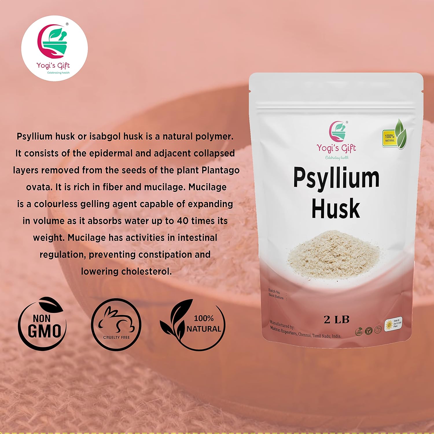 Psyllium Husk Whole 2 lb (32Oz), Use in Smoothies, Cooking and Baking, Unflavored, Fine Ground, 100% Natural, Non GMO, by Yogi's Gift®
