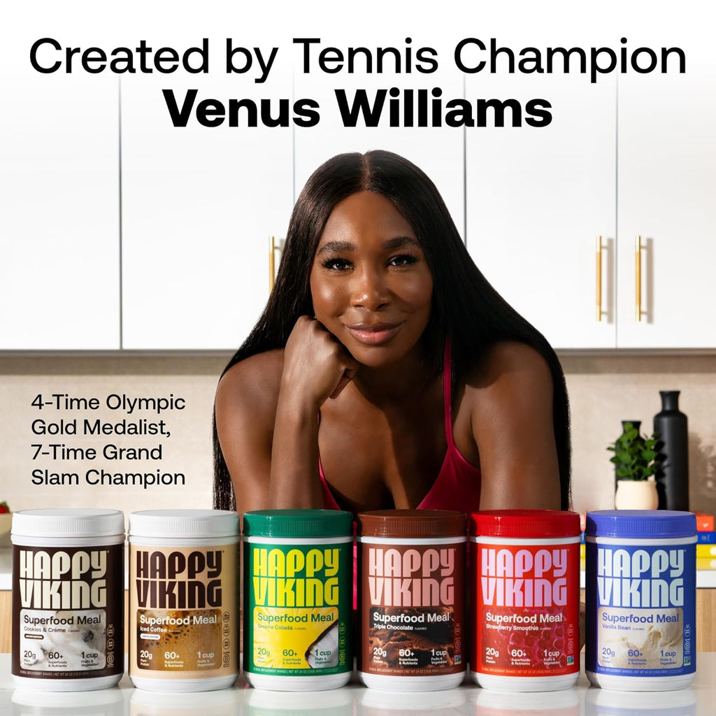 Happy Viking Vanilla Plant Protein Powder, Created by Venus Williams, 20G Protein, Low Carb, Keto, Vegan, Gluten-Free, Non-GMO, Superfoods, Complete Meal Replacement, 1 Canister (24 oz.)