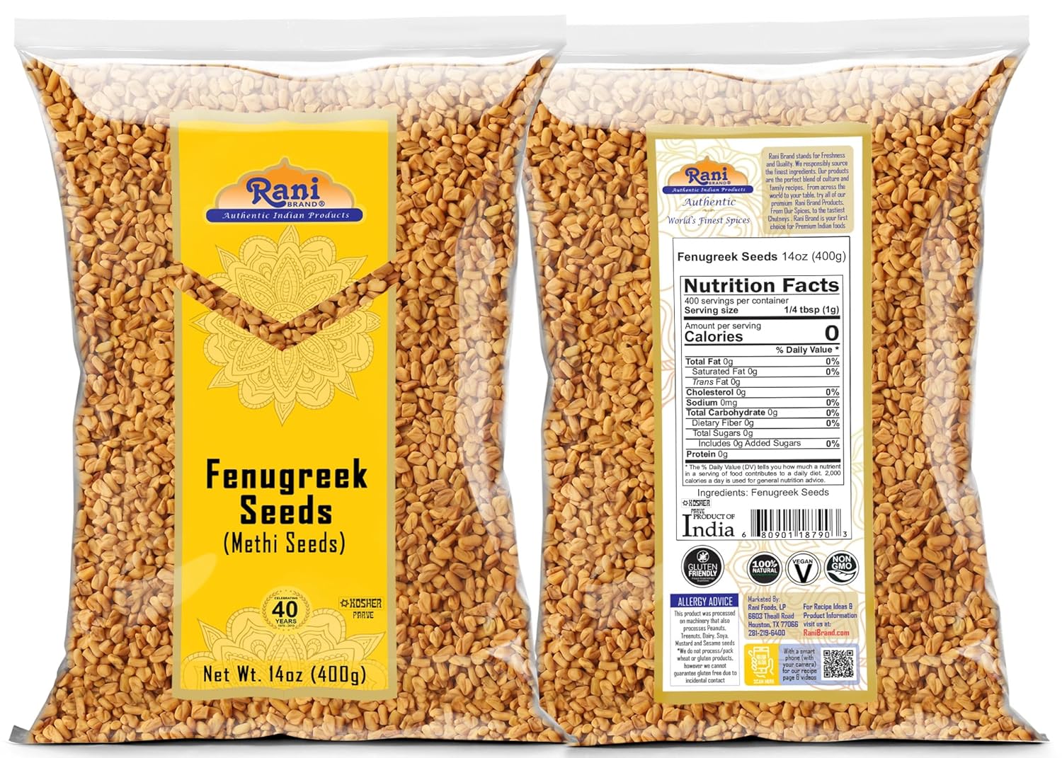 Rani Fenugreek (Methi) Seeds Whole 14oz (400g) Trigonella foenum graecum ~ All Natural | Vegan | Gluten Friendly | Non-GMO | Kosher | Indian Origin, used in cooking & Ayurvedic spice