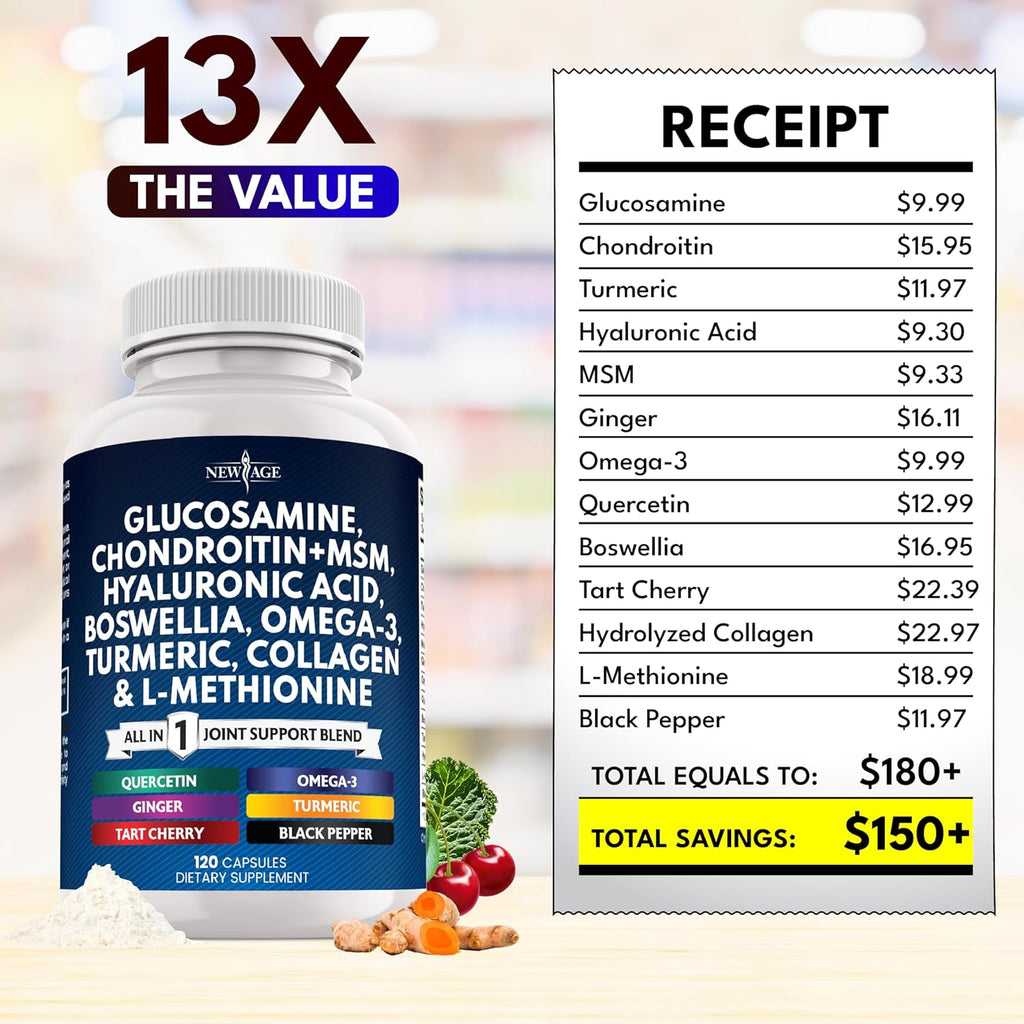 Glucosamine Chondroitin, MSM, Turmeric Curcumin, Collagen, Hyaluronic Acid, Omega 3 – Health Supplement for Men & Women – 240 Count