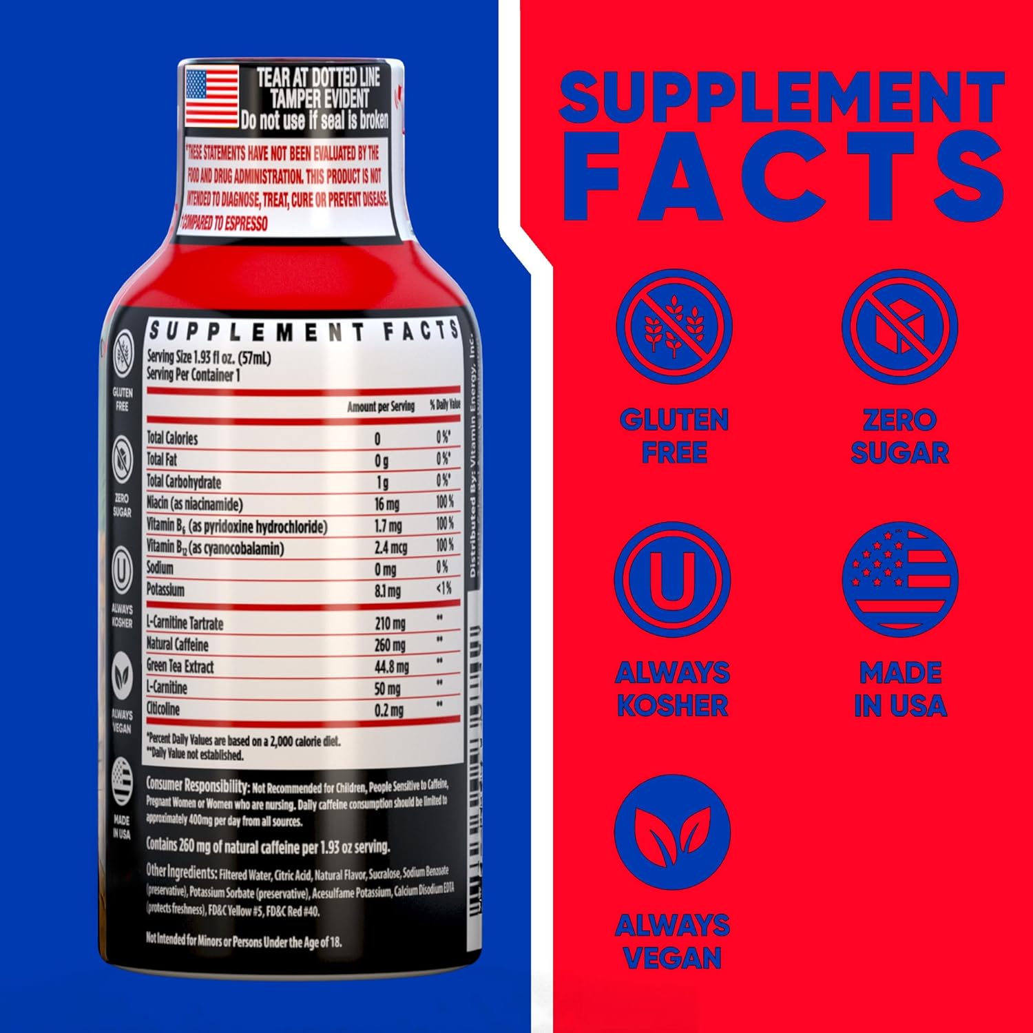 Vitamin Energy Focus+ Extra Strength Energy Shot Fruit Punch 10 Pack, 260mg Natural Caffeine, B-Vitamins, CoQ10, Amino Acids, Focus, Productivity & Clarity, Zero Sugar, Gluten-Free, 1.93 fl oz