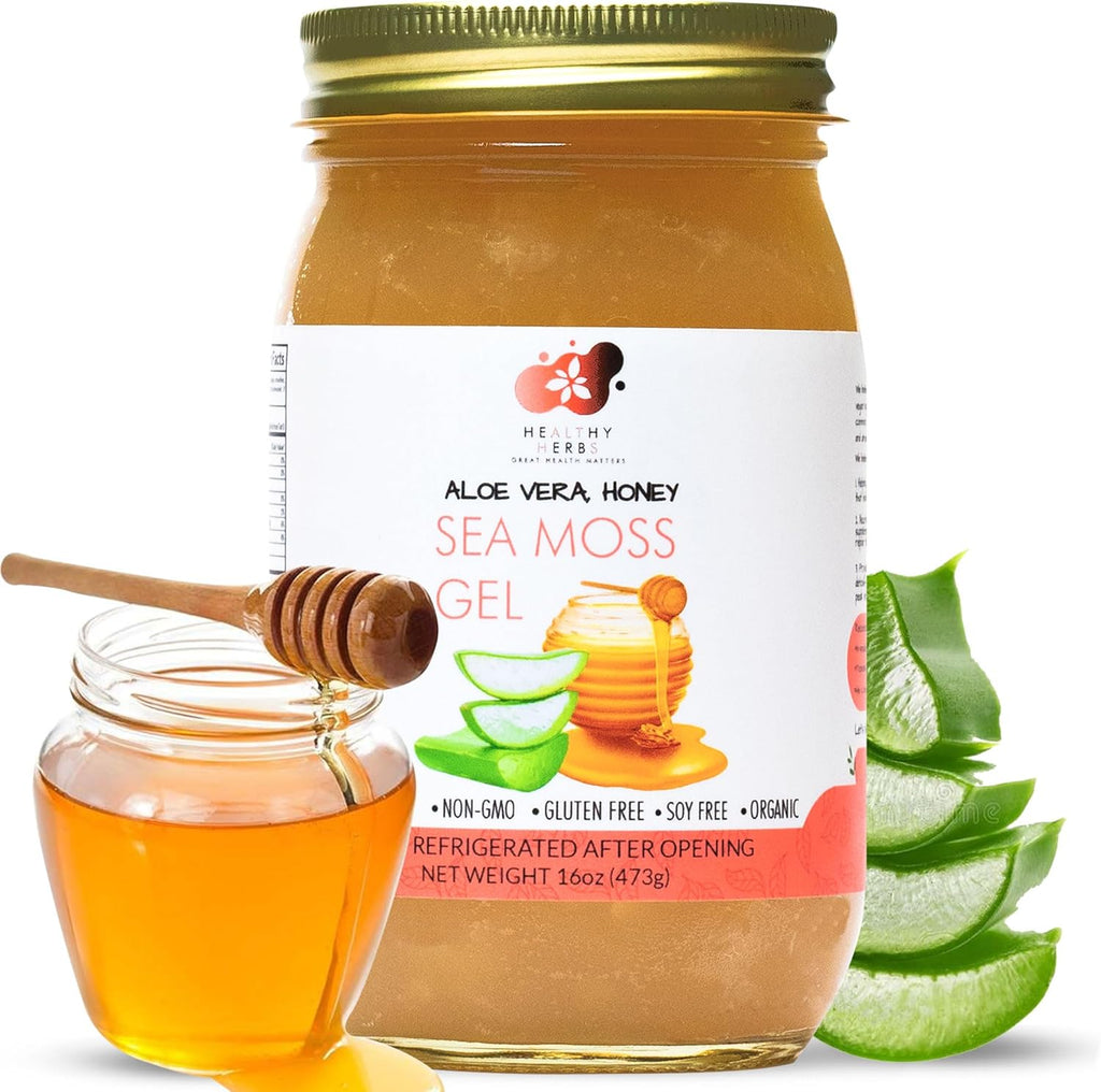Healthy Herbs Sea Moss Gel (Aloe Vera Honey) Wildcrafted from Jamaican St Lucia Gold Seamoss | Wild-Harvested Superfood With Over 90 Essential Vitamins & Minerals | Vegan, Non-GMO, US-Made (16 oz.)