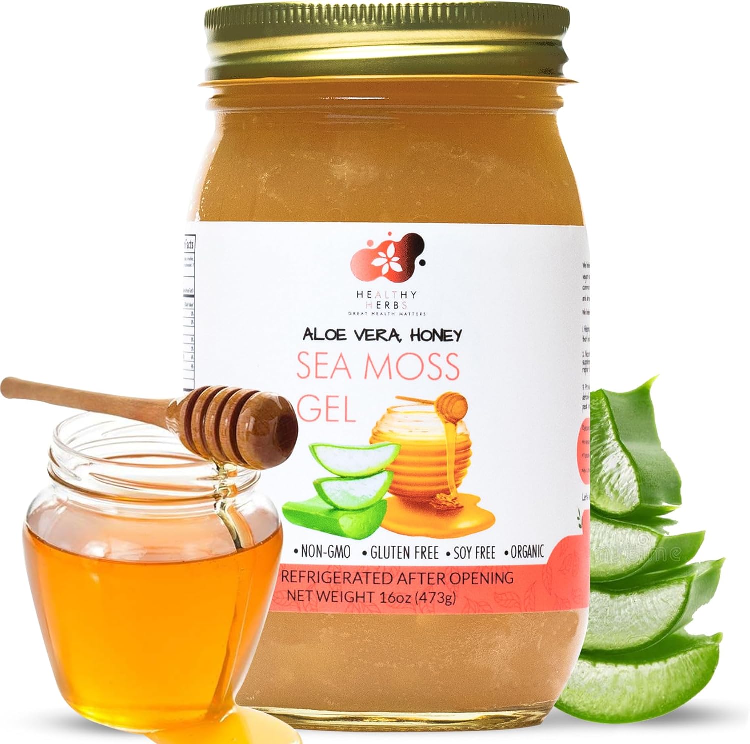 Healthy Herbs Sea Moss Gel (Aloe Vera Honey) Wildcrafted from Jamaican St Lucia Gold Seamoss | Wild-Harvested Superfood With Over 90 Essential Vitamins & Minerals | Vegan, Non-GMO, US-Made (16 oz.)