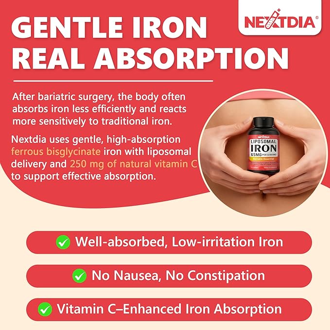 Liposomal Iron Supplement for Women, 65 mg with Vitamin C, Methylfolate, Bariatric Multivitamin with Iron for Gastric Bypass & Sleeve Recover, Post-Bariatric, Iron Level & Energy Support, 120 Softgels