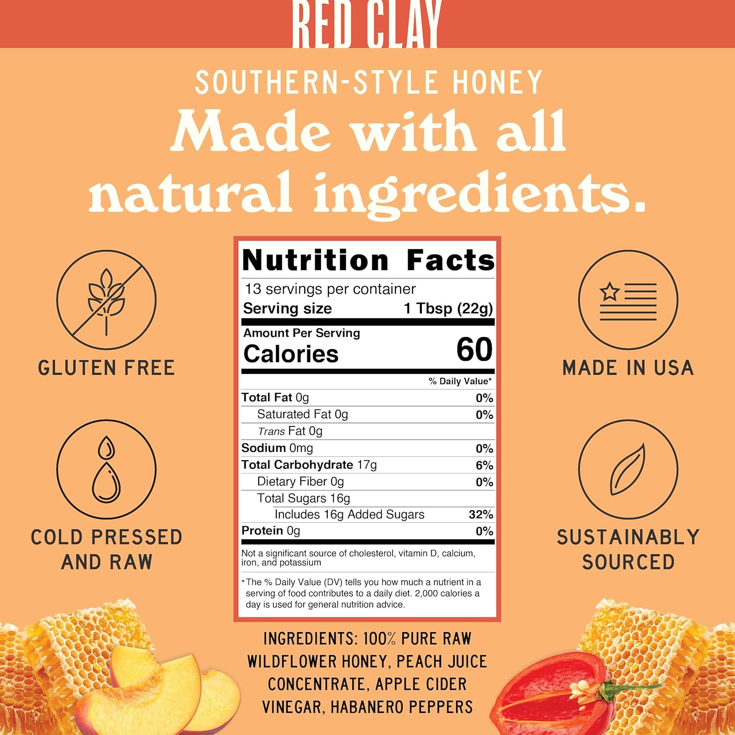 Hot Spicy Peach Honey by Red Clay Hot Sauce, Gluten Free, Paleo Friendly, Raw Wildflower Honey Infused with Real Peach Juice and Habanero Peppers, Sustainably Sourced, Medium Heat, Made in USA, 9 oz
