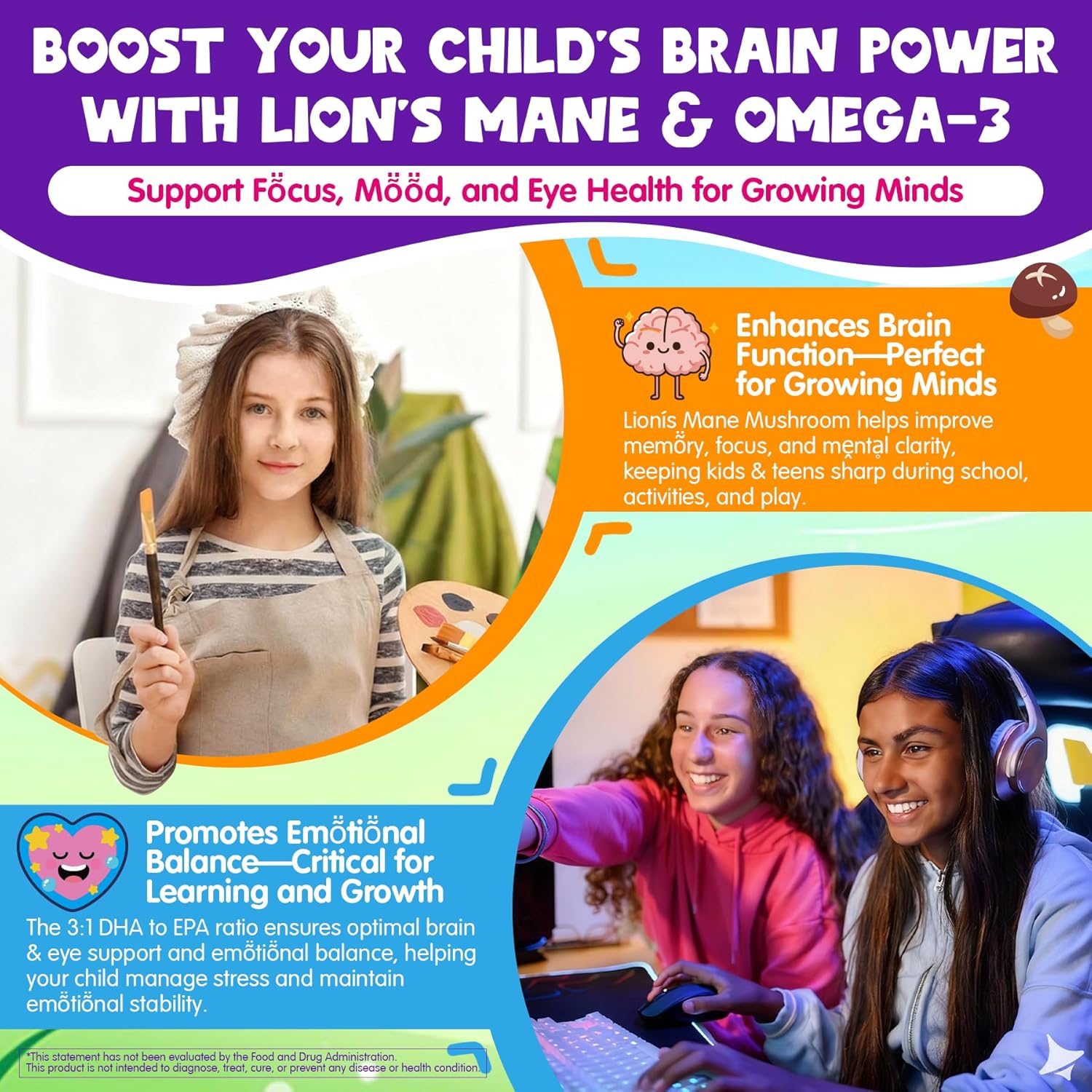 Kids Calcium Soft Chews + D3 & K2 for 9+, Calcium Gummies with Calcium Citrate & Red Algae Calcium, Lion's Mane, Omega-3, Magnesium for Bone Health, Teeth, Energy, Brain & Mṍṍd Support, 60Cts