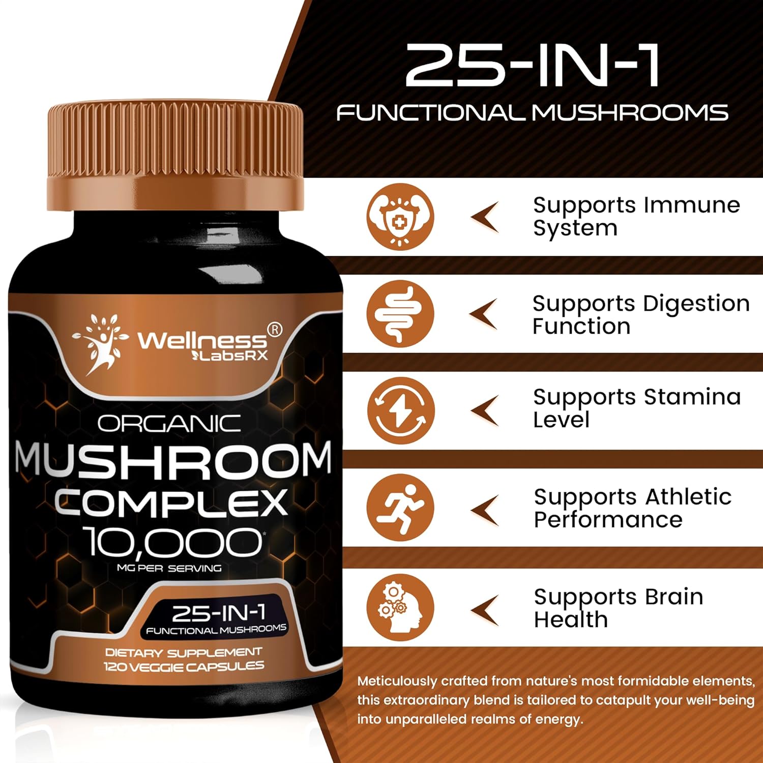 WELLNESS LABSRX Mushroom Supplement Capsules 10:1 Extract, Mushroom Complex Capsules 1000mg, Lions Mane Supplement with Turkey Tail, Cordyceps, Reishi - 2 Pack