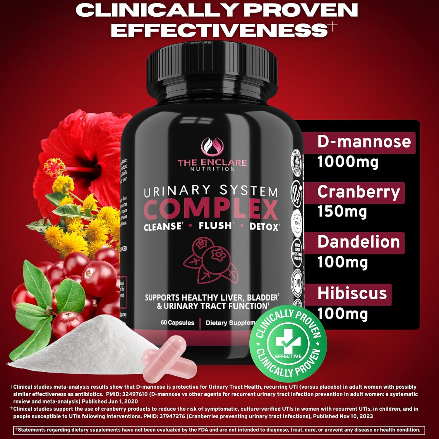 THE ENCLARE NUTRITION D Mannose Capsules|1000mg with Cranberry Pills for Women & Men, Hibiscus & Dandelion. Fast-Acting Urinary Tract Health, Bladder Control, Liver Support, Kidney Cleanse & Detox(2)