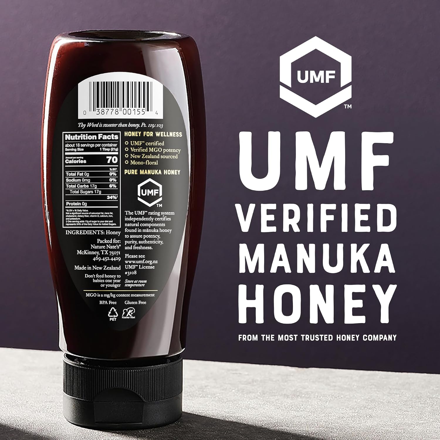 Nate's Pure Manuka Honey, Gold Edition | Sourced & Packed in New Zealand | MGO 830+ UMF Certified 20+ | 13.2 oz Squeeze Bottle