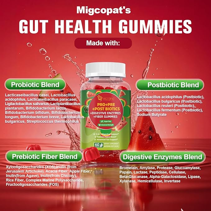 Pre Post Probiotics Gummies, 5 in 1 Probiotic Prebiotic Postbiotic Digestive Enzymes with Fiber, 120 Billion CFU Probiotics - Digestive Health, Sugar Free, Vegan, Watermelon, 60 Gummies
