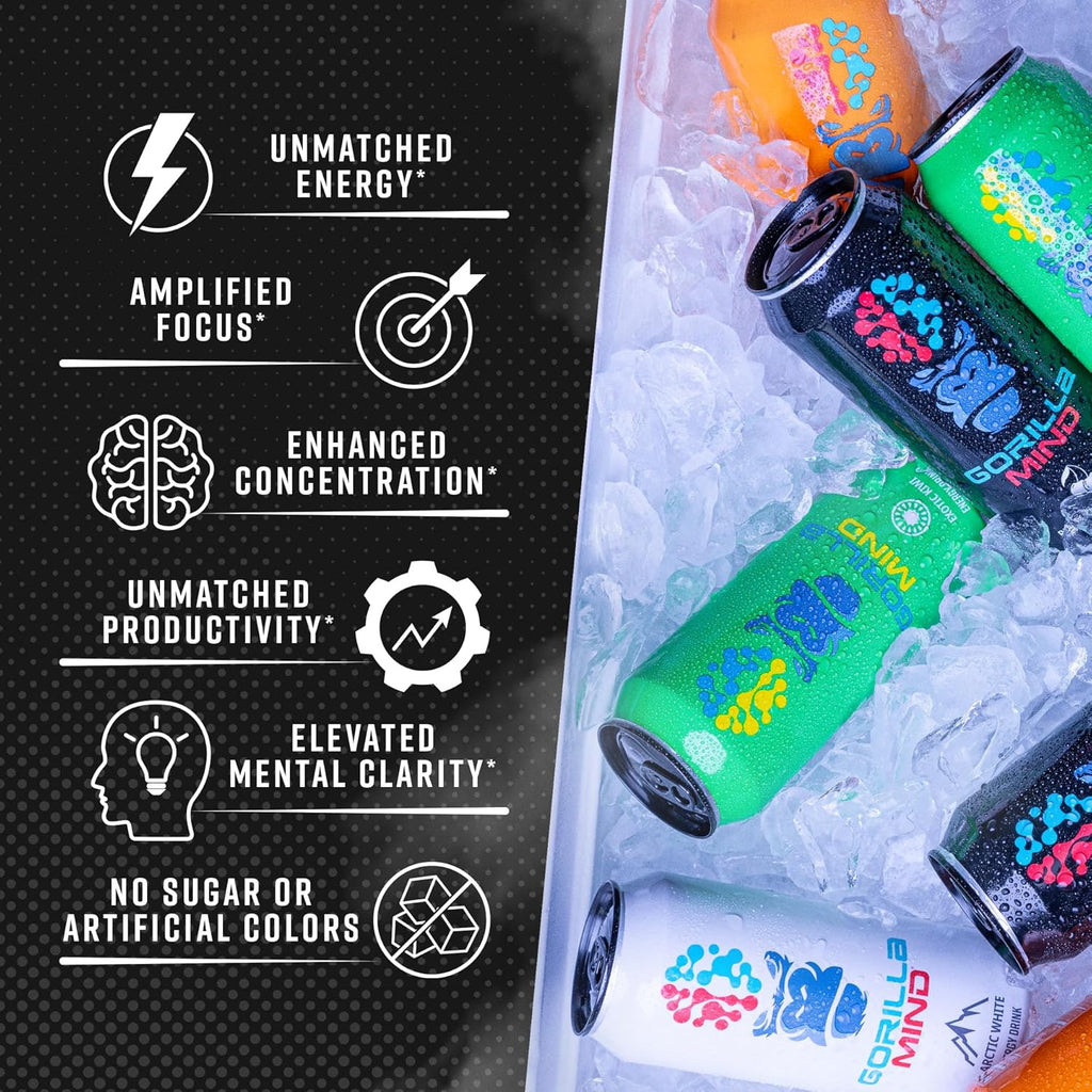 Gorilla Mind Energy Drink | Unmatched Energy · Amplified Focus | N-Acetyl-L-Tyrosine, Alpha-GPC, 200mg Caffeine, Uridine, Saffron | 0 Sugar Or Artificial Colors | 16oz, 12-Pack (Bombsicle)