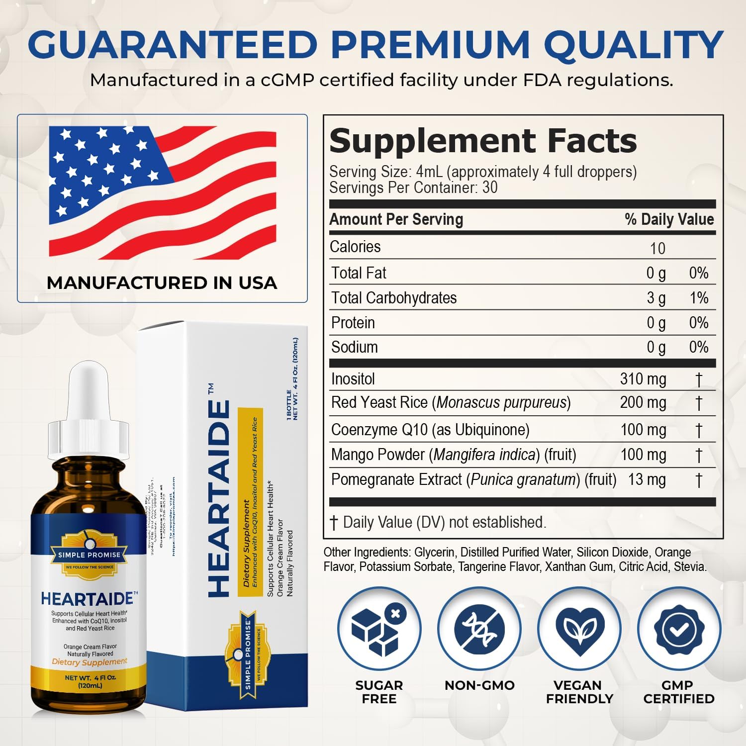 Simple Promise HeartAide - Heart Health Supplement - Red Yeast Rice with CoQ10 (200mg & 100mg) & Inositol - Liquid Drops for Cholesterol & Cardiovascular Support - 4 fl oz, Orange Cream Flavor