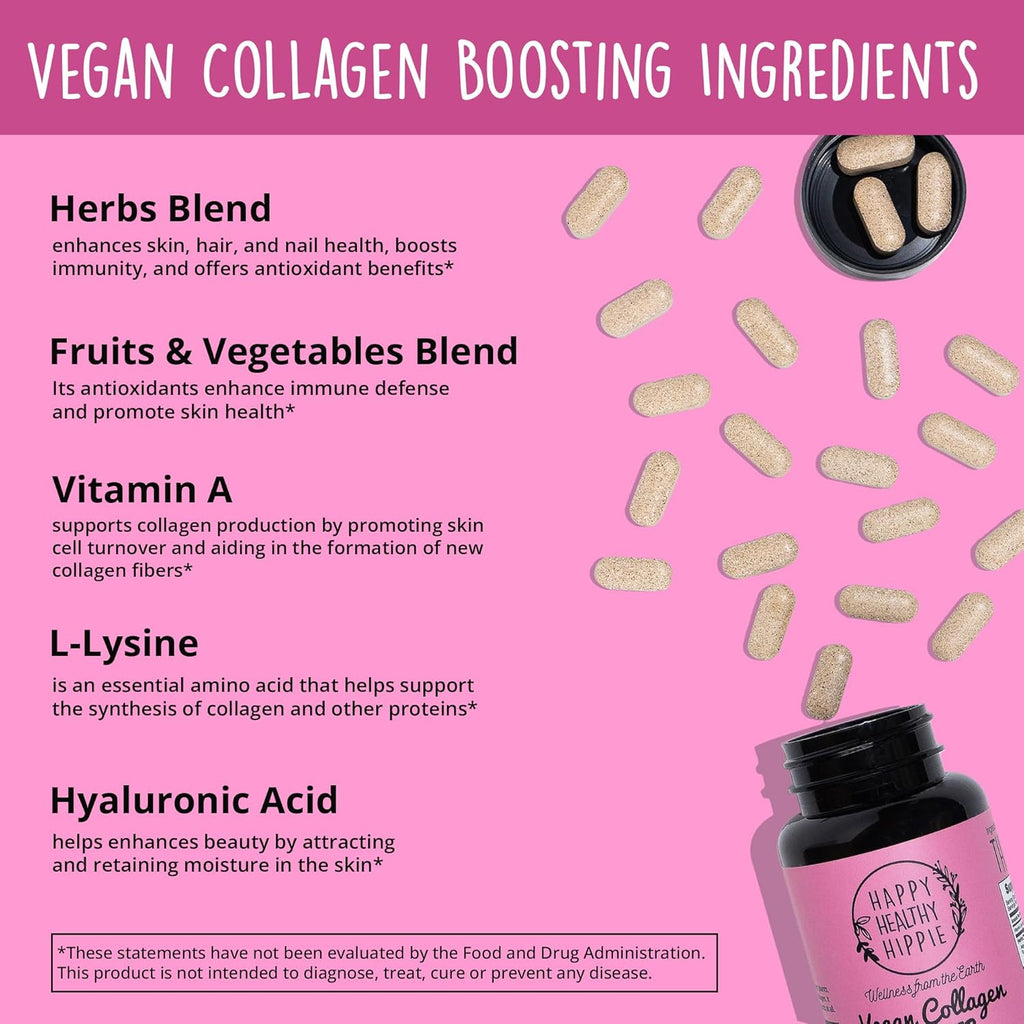 Vegan Collagen Builder w/ Hyaluronic Acid – Hair Skin and Nails Vitamins for Youthful Glow | Keratin & Elastin Booster | Bones, Cartilage, Tendons | Vitamin A, L-Lysine | Vegetarian | Non-GMO, 60 Ct