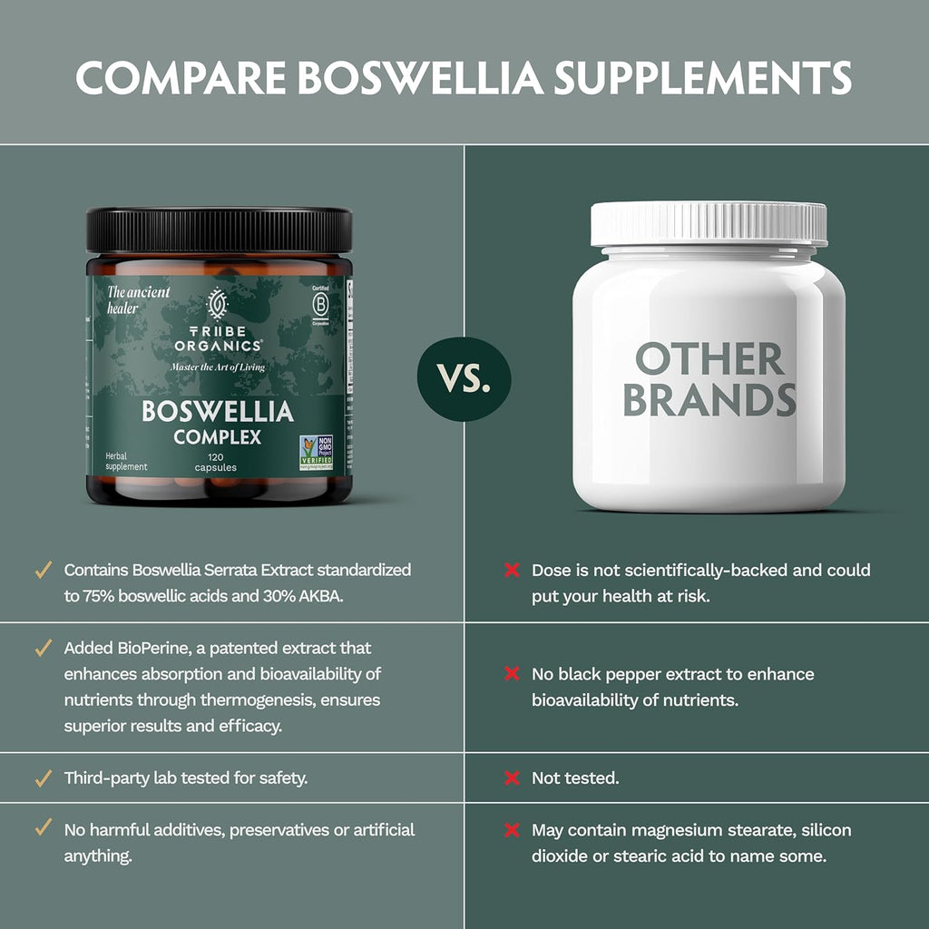 TRIBE ORGANICS Boswellia Serrata Complex Supplement for Joint Support, Muscle Relief - Vegetarian Non-GMO 120 Capsules, High Potency - Boswellin Super with Ginger Extract & Black Pepper - 420mg