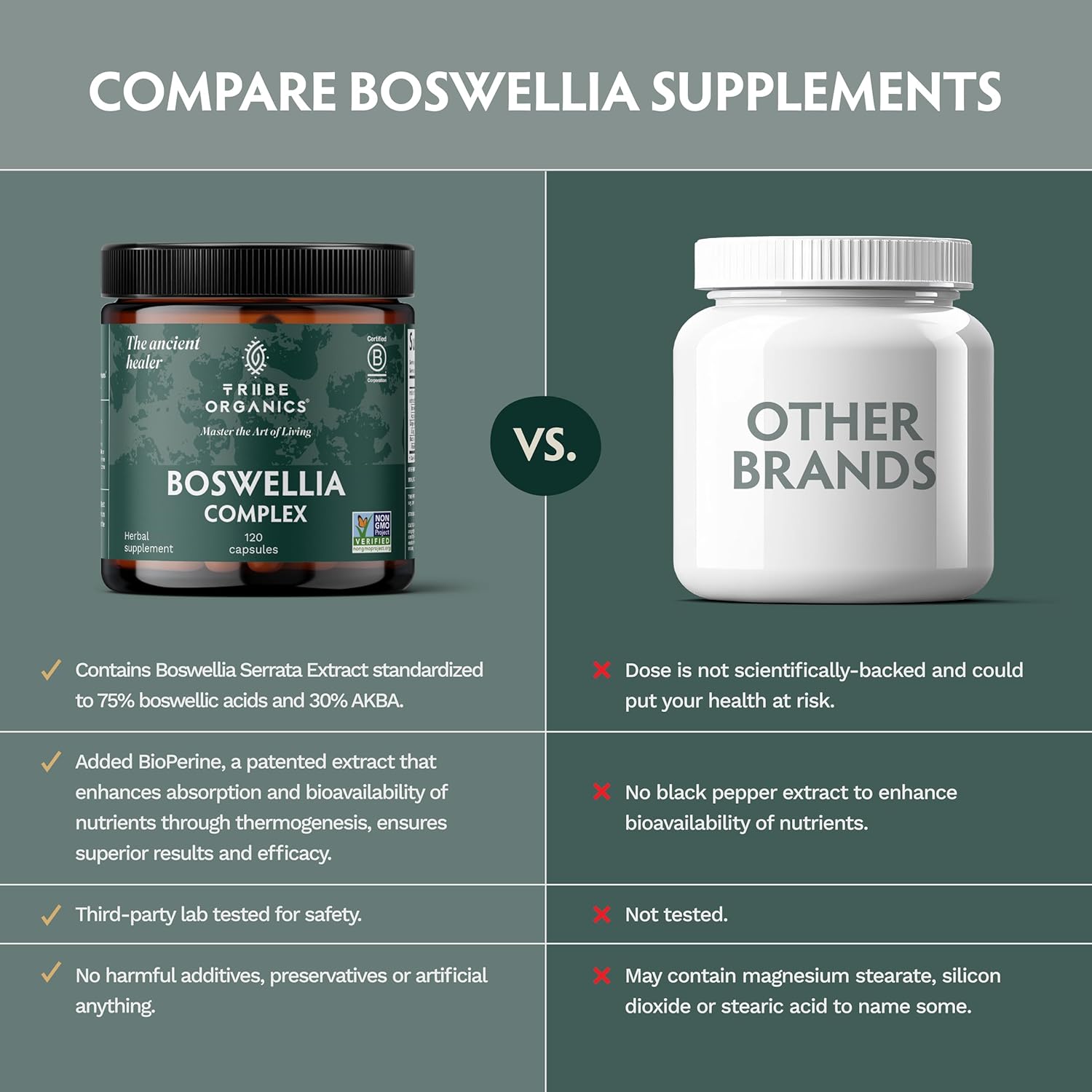 TRIBE ORGANICS Boswellia Serrata Complex Supplement for Joint Support, Muscle Relief - Vegetarian Non-GMO 120 Capsules, High Potency - Boswellin Super with Ginger Extract & Black Pepper - 420mg