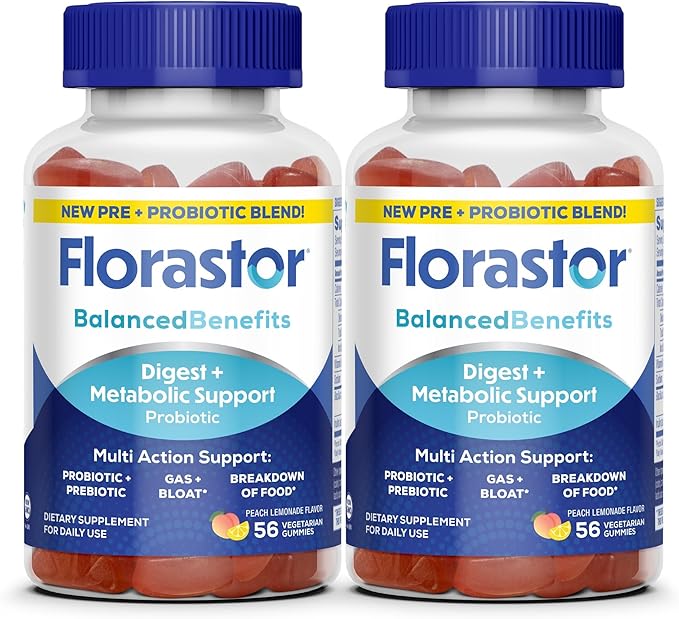 Florastor Prebiotic and Probiotic Gummies, Digestive and Metabolic Support Probiotic Blend for Multi-Action Digestive Health Care, with Vitamin B12, 112 Gummies