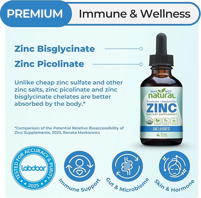 Organic Liquid Zinc Drops Supplement with Chelated Picolinate and Bisglycinate, Vegan