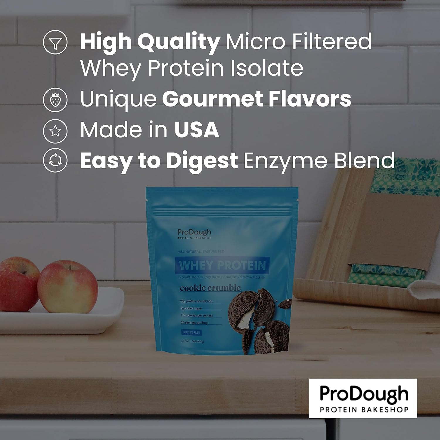 ProDough Gourmet Whey Isolate Hydrolized Protein Powder for Shake Mix- Easy Digest Enzyme Blend, 25g Protein per Serving, Natural Ingredients, Gluten Free, Keto Friendly (Peach Cobbler)