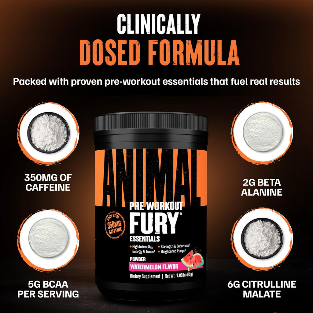 Animal Fury Pre Workout Powder Supplement for Energy and Focus 5g BCAA 350mg Caffeine Nitric Oxide Without Creatine Powerful Stimulant for Bodybuilders, Watermelon