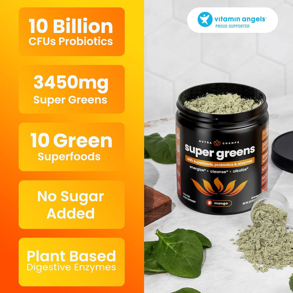 NutraChamps Super Greens Powder Premium Superfood | 20+ Organic Green Veggie Whole Foods | Wheat Grass, Spirulina, Chlorella | Antioxidant, Digestive Enzyme & Probiotic Blends (9.0 OZ, Mango)