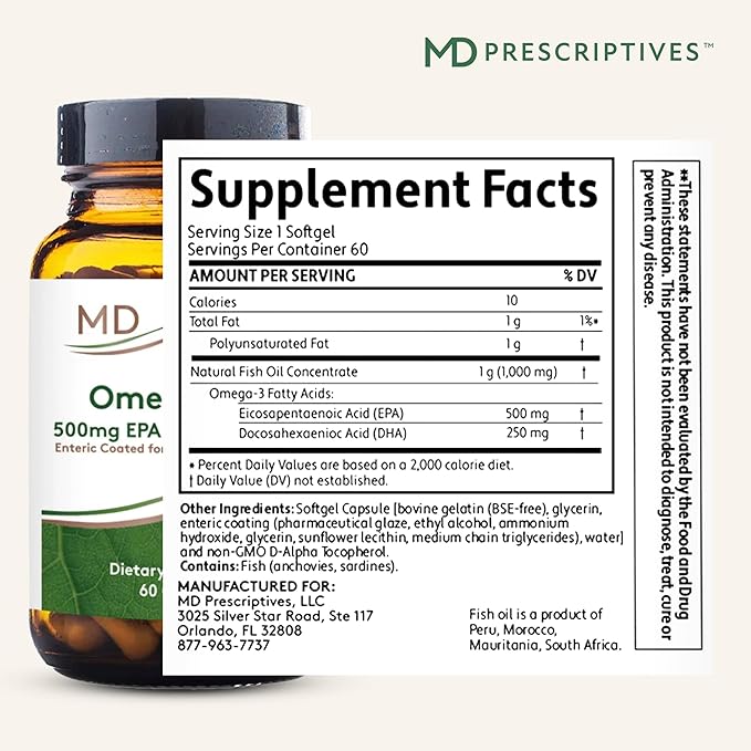 MD Prescriptives Omega MD Supplement - 500 EPA & 250 DHA Omega 3 Fish Oil - Supports Brain Health & Joints* - No Fishy Smell - 60 Softgels
