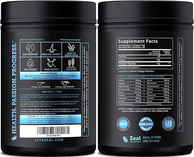 Zeal Naturals Multi Collagen Peptides Powder, 9g Protein Vitamin C Biotin Hyaluronic Acid Collagen for Women and Men, Hair Skin Nails Bone Health Grass-Fed Gluten-Free 45 Servings Unflavored, 14.72oz.