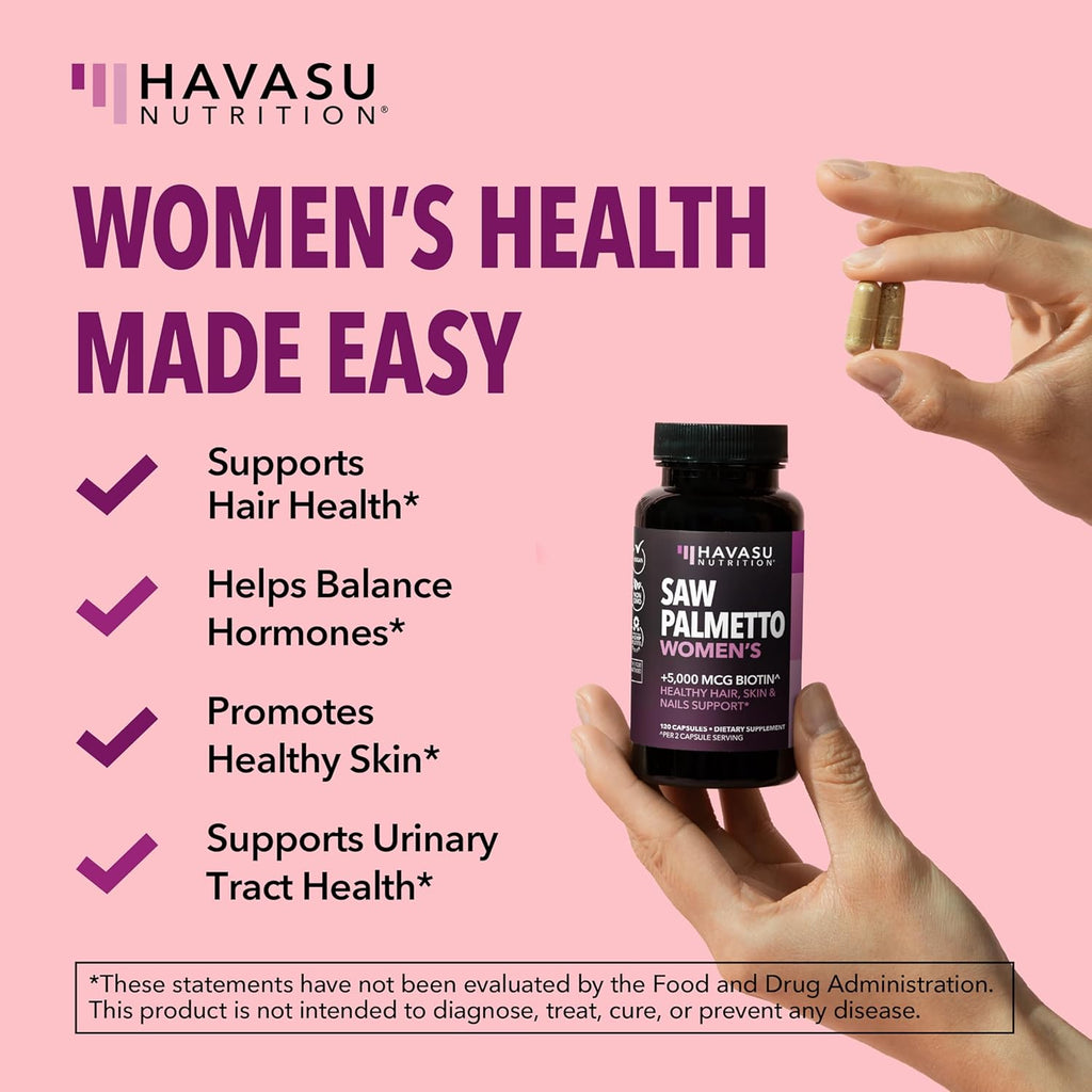 Saw Palmetto for Women with Biotin 5000mcg - Powerful DHT Blocker to Support Hair, Skin, and Nail Health - 120 Count - Vegan, Non-GMO Vitamin for Stronger, Fuller Looking Locks - 2 Month Supply