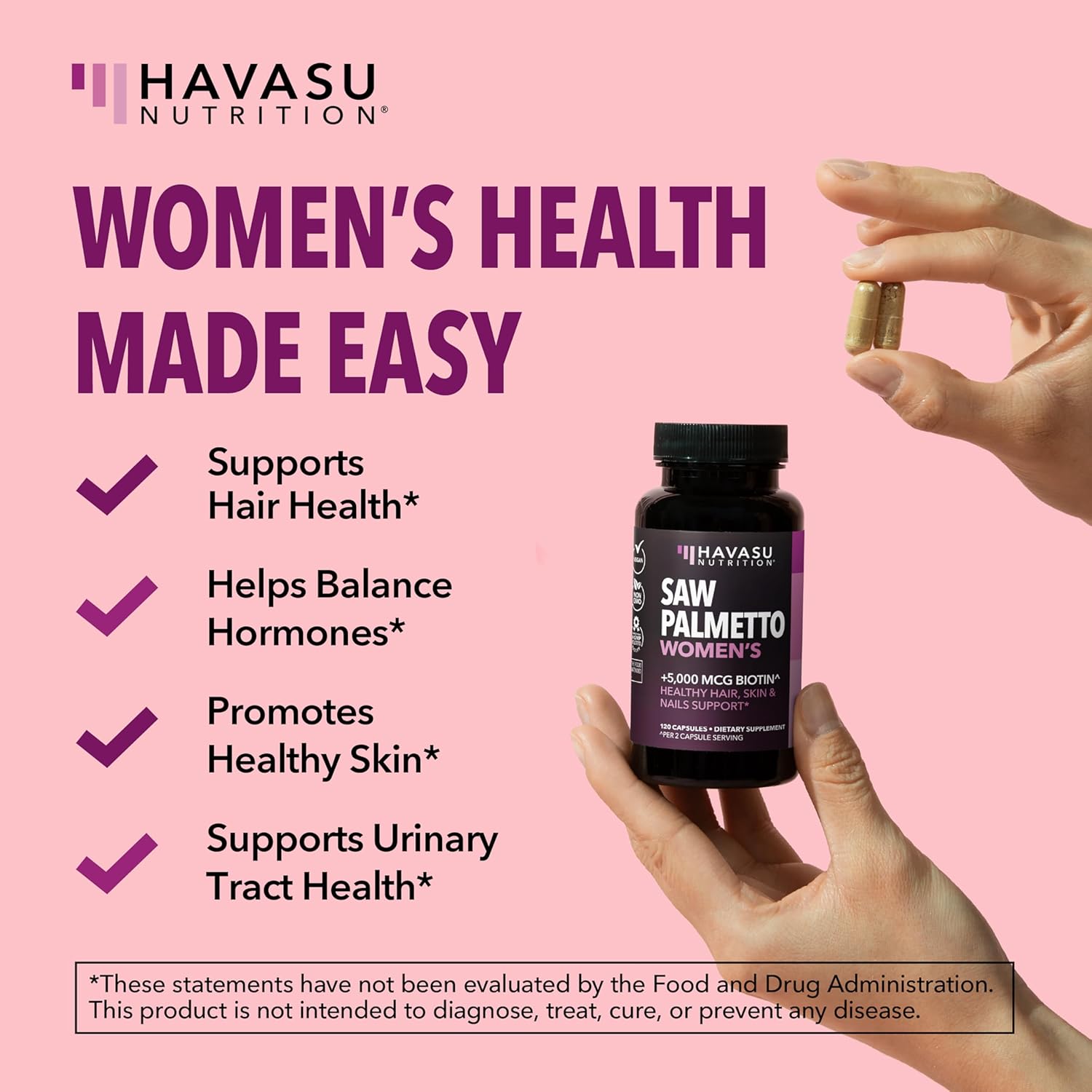 Saw Palmetto for Women with Biotin 5000mcg - Powerful DHT Blocker to Support Hair, Skin, and Nail Health - 120 Count - Vegan, Non-GMO Vitamin for Stronger, Fuller Looking Locks - 2 Month Supply