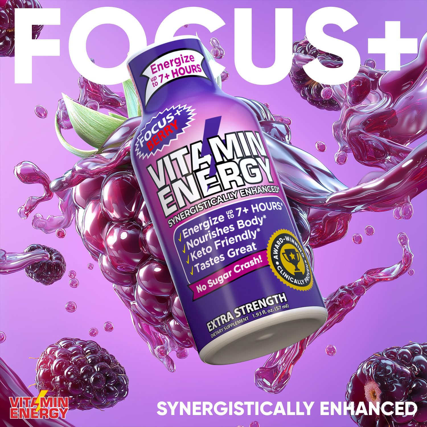 Vitamin Energy Focus+ Extra Strength Energy Shot Berry 24 Pack, 260mg Natural Caffeine, B-Vitamins, CoQ10, Amino Acids, Focus, Productivity & Clarity, Zero Sugar, Gluten-Free, 1.93 fl oz
