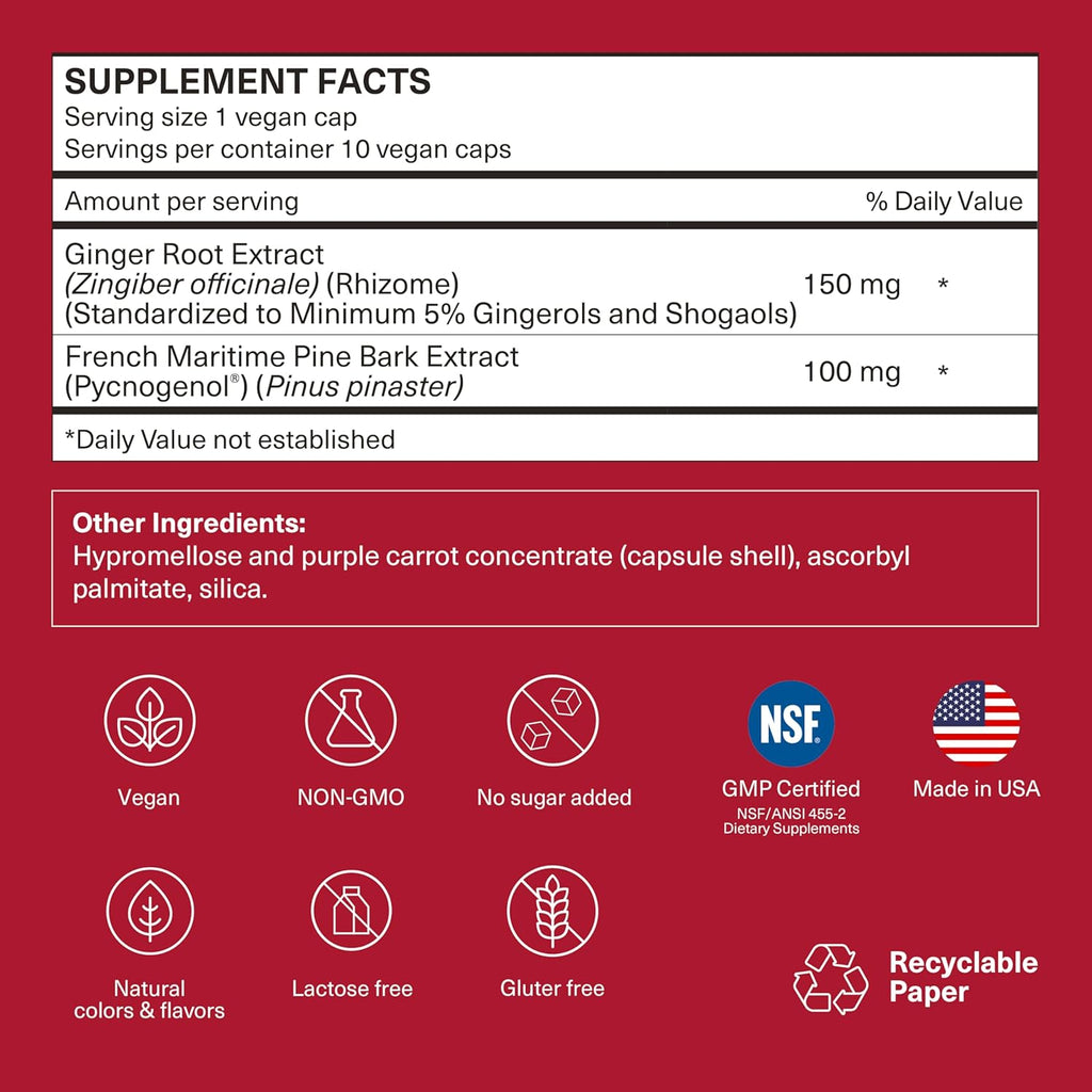 Pycnogenol 100mg & Ginger Extract | Supports Healthy Circulation, Vein Health & Leg Comfort | Helps with Occasional Swelling in Legs & Feet | Long-Haul Travel Essentials | 10 Vegan Caps
