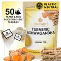 BREWIX, Turmeric Ashwagandha Herbal Tea Bags (50 Pyramid Tea Bags) Real Ingredients From India, Caffeine Free & Naturally Gluten Free | 100% Pure Herbal Blend Packed in Resealable Ziplock Pouch