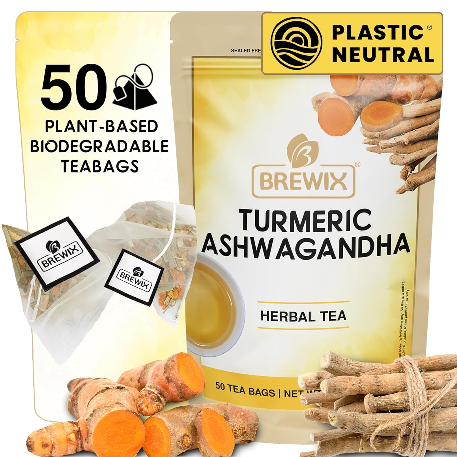 BREWIX, Turmeric Ashwagandha Herbal Tea Bags (50 Pyramid Tea Bags) Real Ingredients From India, Caffeine Free & Naturally Gluten Free | 100% Pure Herbal Blend Packed in Resealable Ziplock Pouch