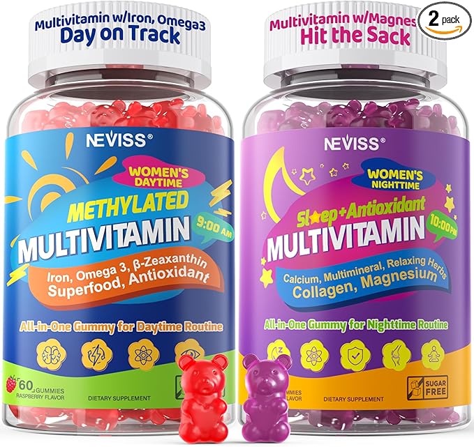 NEVISS 52-in-1 Methylated Multivitamin for Women Gummies with Iron, Omega-3, B6 B9 B12 for Day | Magnesium Glycinate, Calcium, Collagen for Night Renewal/Sleep, Womens 18 30 40 50 60 70+ AM PM Daily