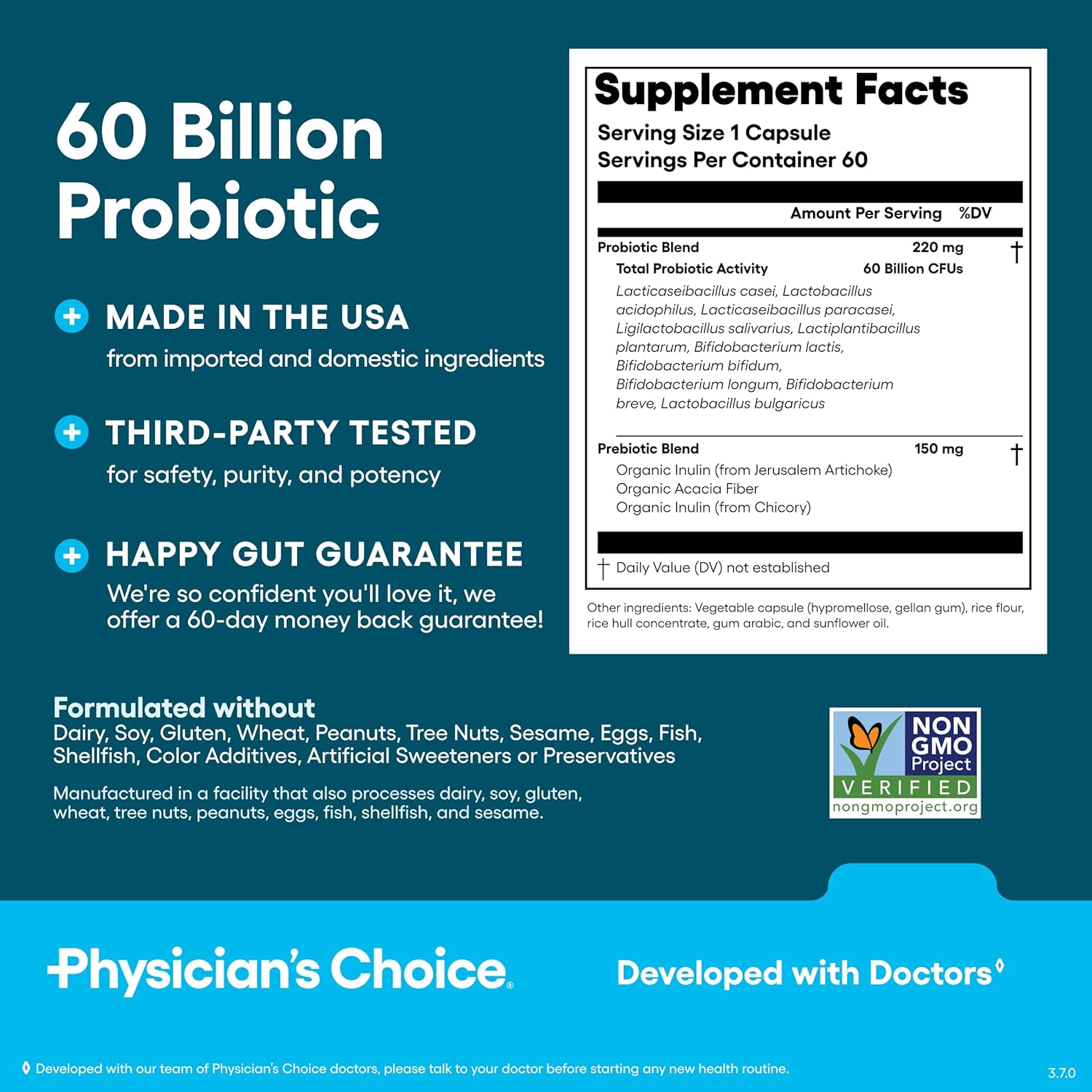 Physician's CHOICE Probiotics 60 Billion CFU - 10 Strains + Organic Prebiotics - Immune, Digestive & Gut Health - Supports Occasional Constipation, Diarrhea, Gas & Bloating - for Women & Men - 60ct
