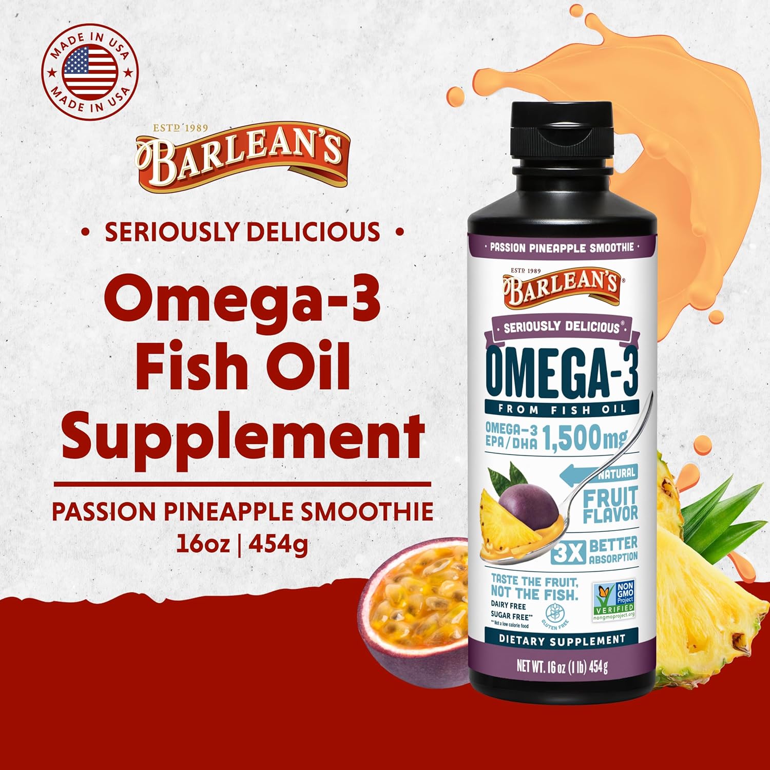 Barlean's Passion Pineapple High Potency Omega 3 Fish Oil Liquid Supplement, 1500mg EPA & DHA Fatty Acid, Smoothie Flavored & Burpless for Brain, Joint, & Heart Health, 16 oz