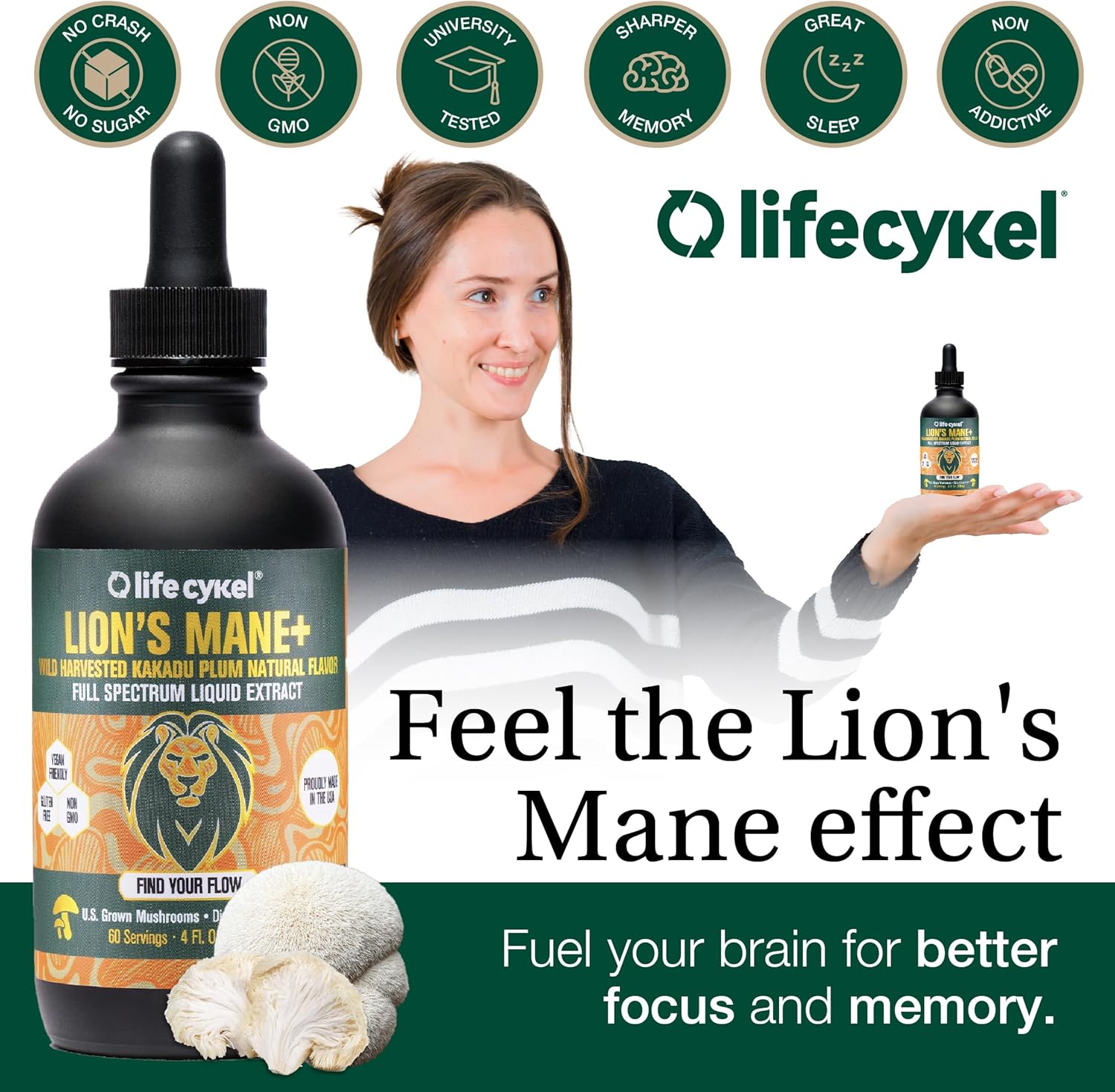 Lifecykel Lion's Mane Mushroom Extract w/Kakadu Plum- Memory Focus Clarity REM Sleep-100% Organic Mushrooms Brain Booster Nootropic Brain Supplement Focus Supplement Made in US, 2 Fl oz (30 Servings)