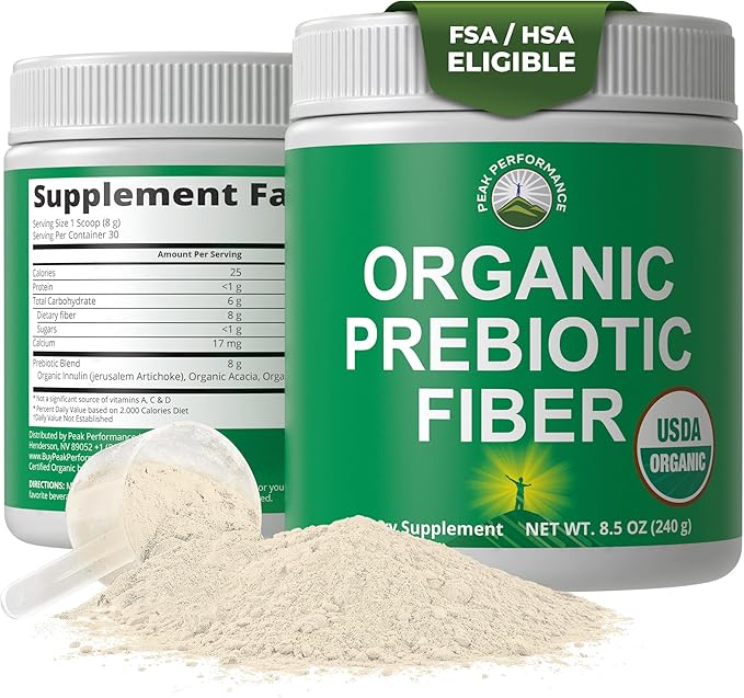 Organic Prebiotic Fiber 3-in-1 Vegan Powder for Gut Health. USDA Organic Raw Whole Food Plant Based Prebiotics Digestive Supplement with Organic Inulin (Jerusalem Artichoke), Acacia Fibers, SunFiber