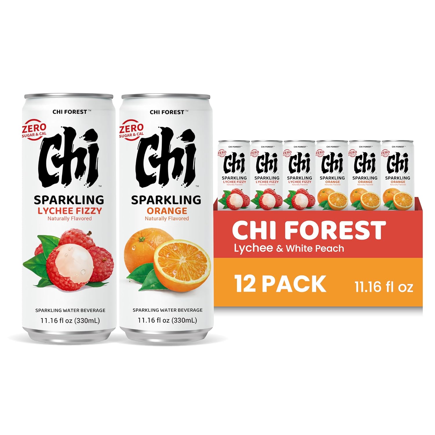 CHI FOREST Sparkling Water Beverage, Lychee & Orange drinks, Zero Sugar or Artificial Flavor, 11.16 fl oz Cans (Pack of 12)
