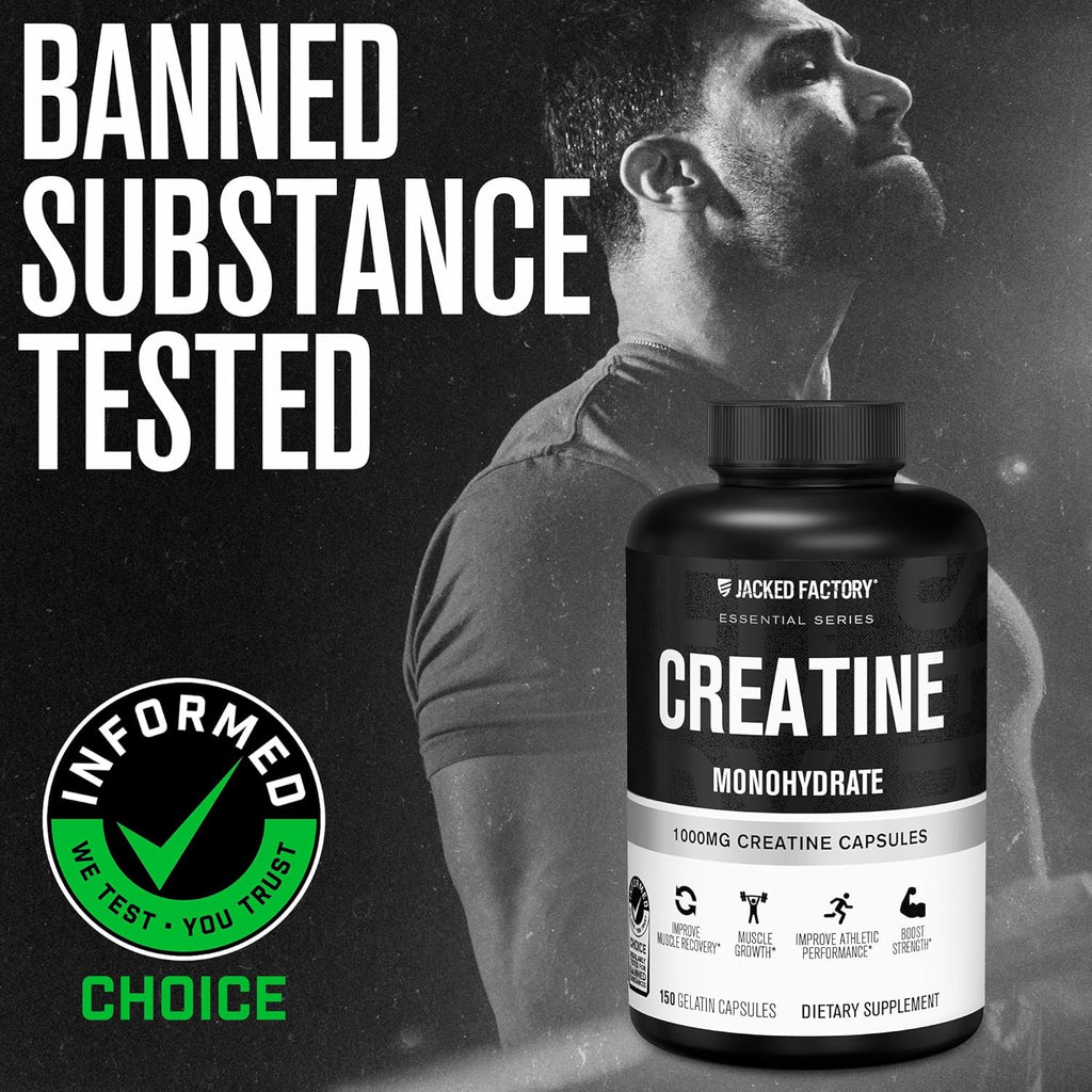 Jacked Factory Creatine Monohydrate Capsules - Creatine Pills for Muscle Growth, Increased Strength, Enhanced Energy Output and Improved Athletic Performance - 150 Capsules
