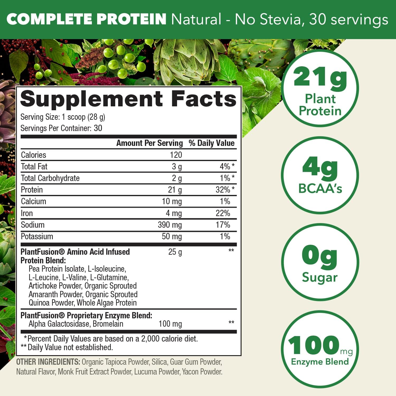 PlantFusion Complete Vegan Protein Powder - Plant Based Protein Powder With BCAAs, Digestive Enzymes and Pea Protein - Keto, Gluten Free, Non-Dairy, No Sugar, Non-GMO - Natural-No Stevia 1.85 lb