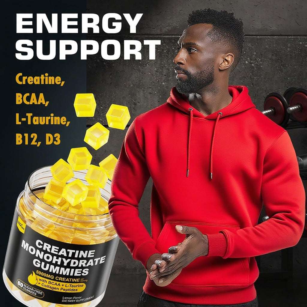 Creatine Monohydrate Gummies for Men & Women - with BCAA, Collagen Peptides, L-Taurine, Vitamin B12, D3, Creatine Monohydrate 5000mg (5g) Per Serving, Lemon Flavor, Sugar Free, 1 Pack