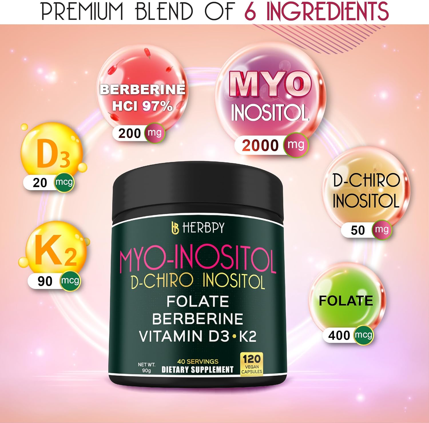 6in1 Premium 40:1 Myo-Inositol & D-Chiro Inositol Supplement for Women with Folate, Berberine HCl 97%, Vitamin D3 & K2 - Hormonal Balance & Ovarian Health Support- 120 Vegan Capsules